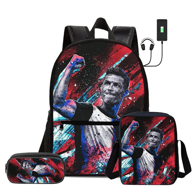 Children 3Pcs Set Daily Pack Football Star Rucksack Best Gift Pupil School Carry Carrier Pencil Bags M-Messis School Bag