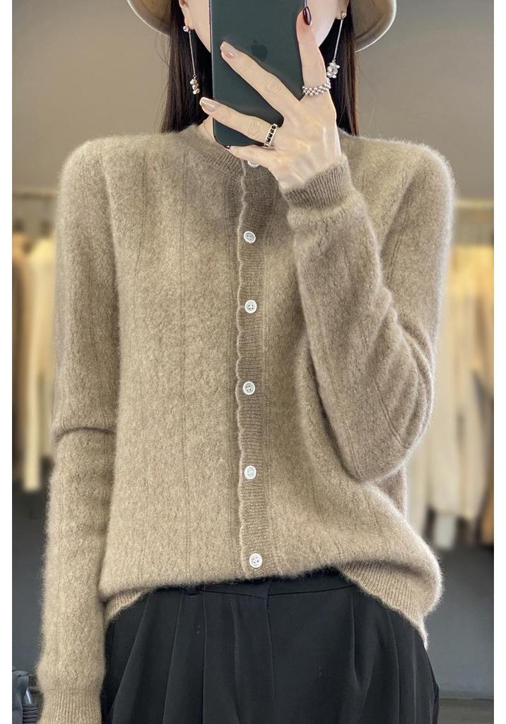 Women's Loose Knit Pure Wool Cardigan - Wheat Ear Design for Autumn Winter