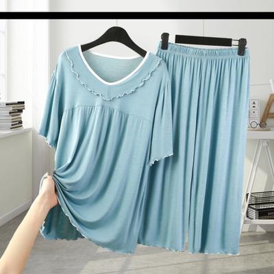 Women's Two Piece Pajamas Set Crew Neck Short Sleeve Shirts Matching Wide Leg Pants Sleepwear Set Summer Casual Loungewear