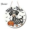 Indoor Halloween Wall Art Dachshund Hanging Sign, Spooky Skeleton Dog Trick or Treat Wooden Theme Decoration with Pumpkin Bat Pattern, Holiday Welcome
