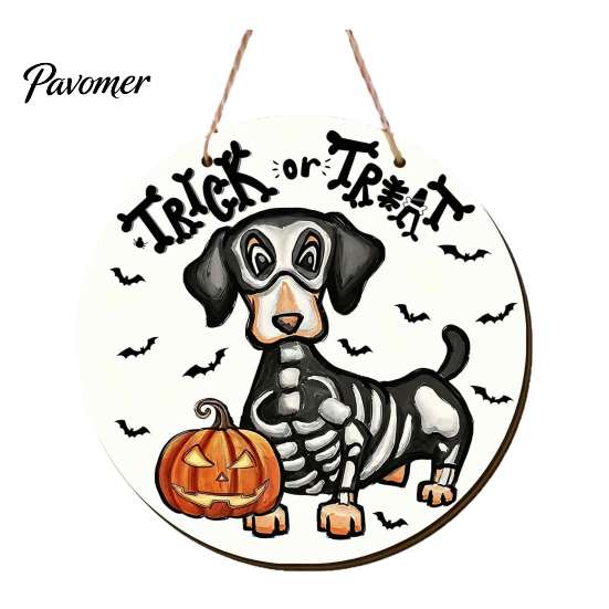Indoor Halloween Wall Art Dachshund Hanging Sign, Spooky Skeleton Dog Trick or Treat Wooden Theme Decoration with Pumpkin Bat Pattern, Holiday Welcome