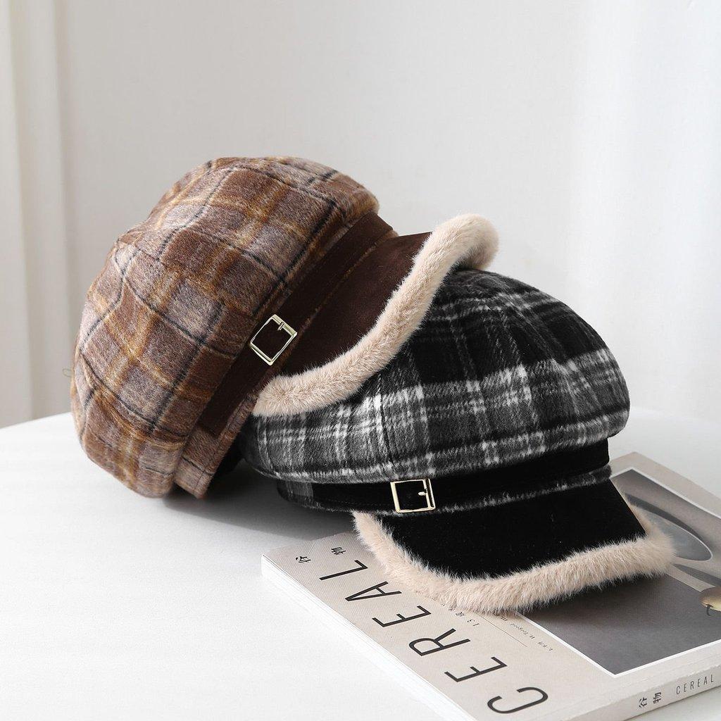Vintage Grid Pattern Wool Octagonal Hat With Warmth And Windproof For Winter Wear