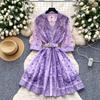 French retro fashionable suit collar five-quarter sleeve strap waist printed dress women's summer thin single-breasted short skirt