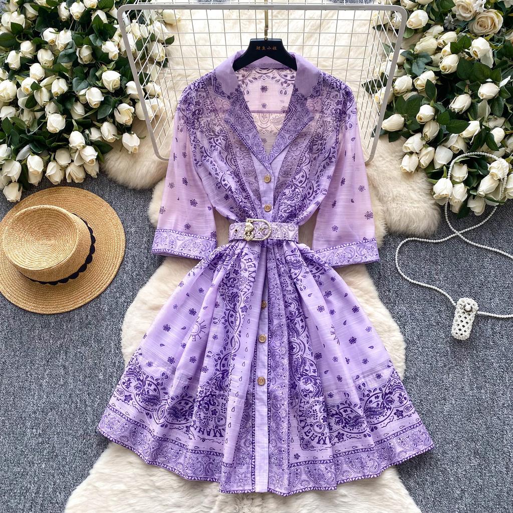 French retro fashionable suit collar five-quarter sleeve strap waist printed dress women's summer thin single-breasted short skirt