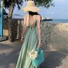 Seaside Photo Clothes Fairy Light Green Print Suspender Dress Seaside Vacation Backless Slim Dress