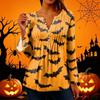 Women's Halloween Print V-Neck Long Sleeve T-Shirt with Sleeves and Pleated Button Front