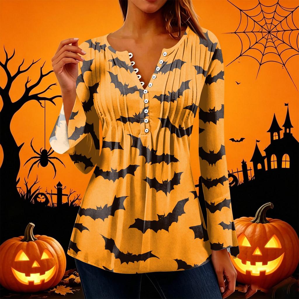 Women's Halloween Print V-Neck Long Sleeve T-Shirt with Sleeves and Pleated Button Front