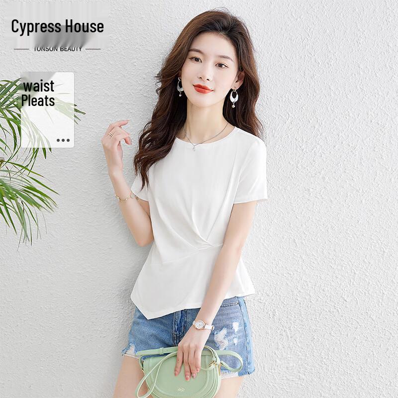 Women s Asymmetric Pleated Round Neck Short Sleeve T-Shirt XXL