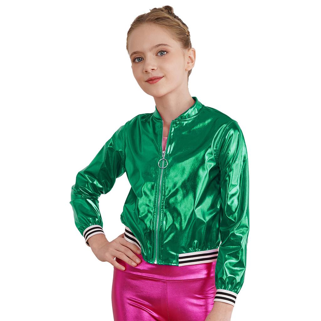 Kids Girls Sparkling Sequined Dance Costume Sleeveless Crisscross Strap Crop Top with Shorts and Metallic Jacket