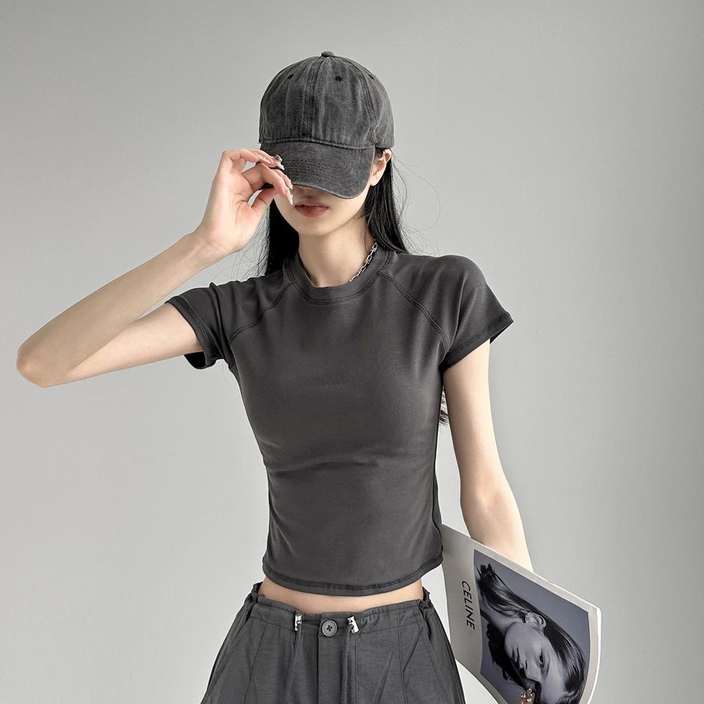 Dynamic Girl's New Summer Style Round Neck Rasp-sleeved Stretch Short-sleeved Solid Color Top