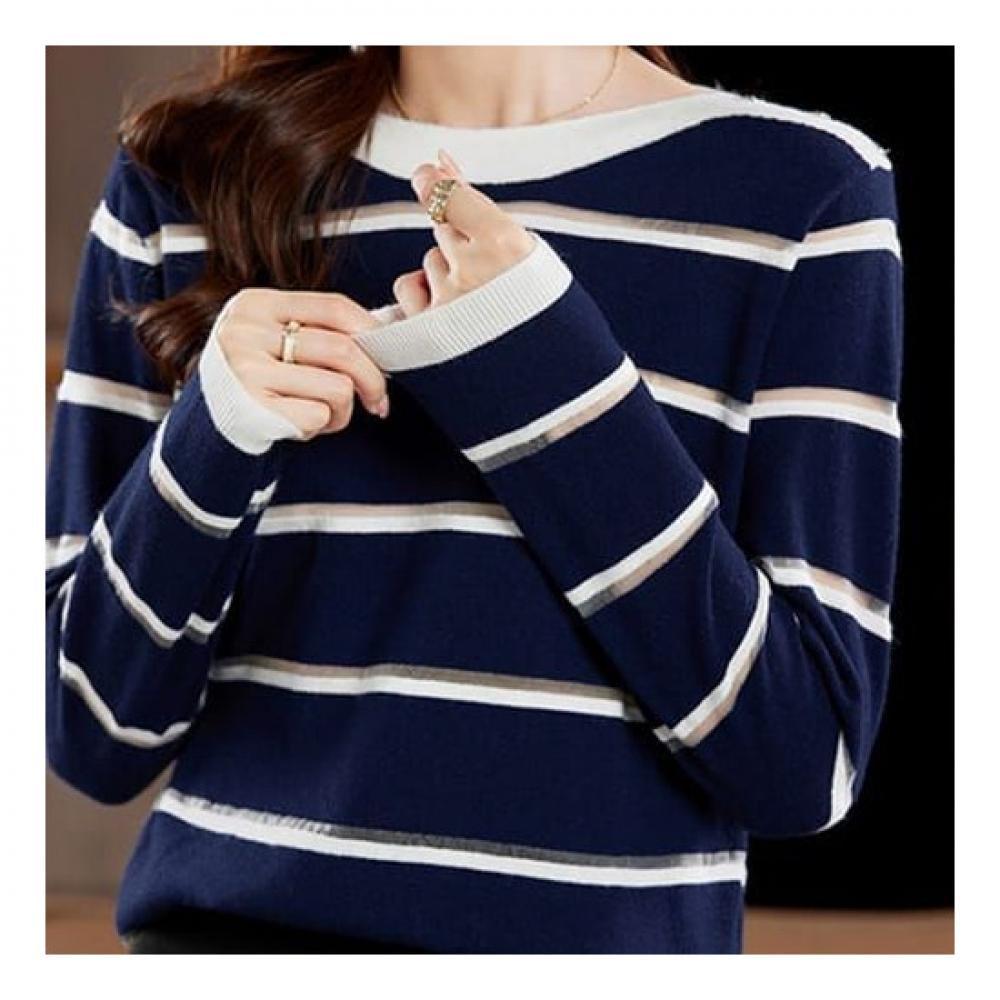 Navava Round Neck Long Sleeve STripe KniT T shirT Nk2295