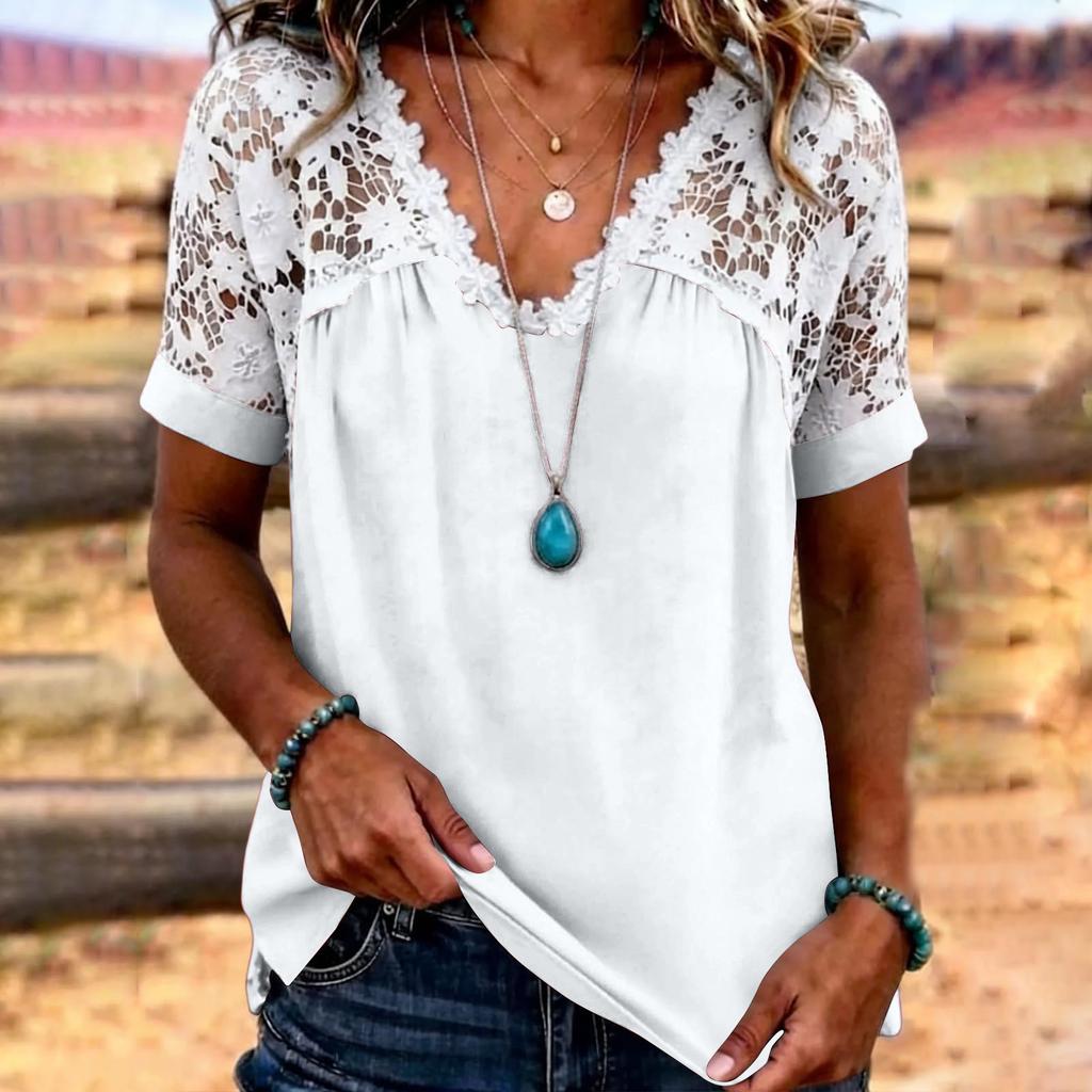Women’s Short Sleeve Lace Patchwork Blouse V Neck Casual Loose Fit Top with Floral Crochet Design for Daily Wear