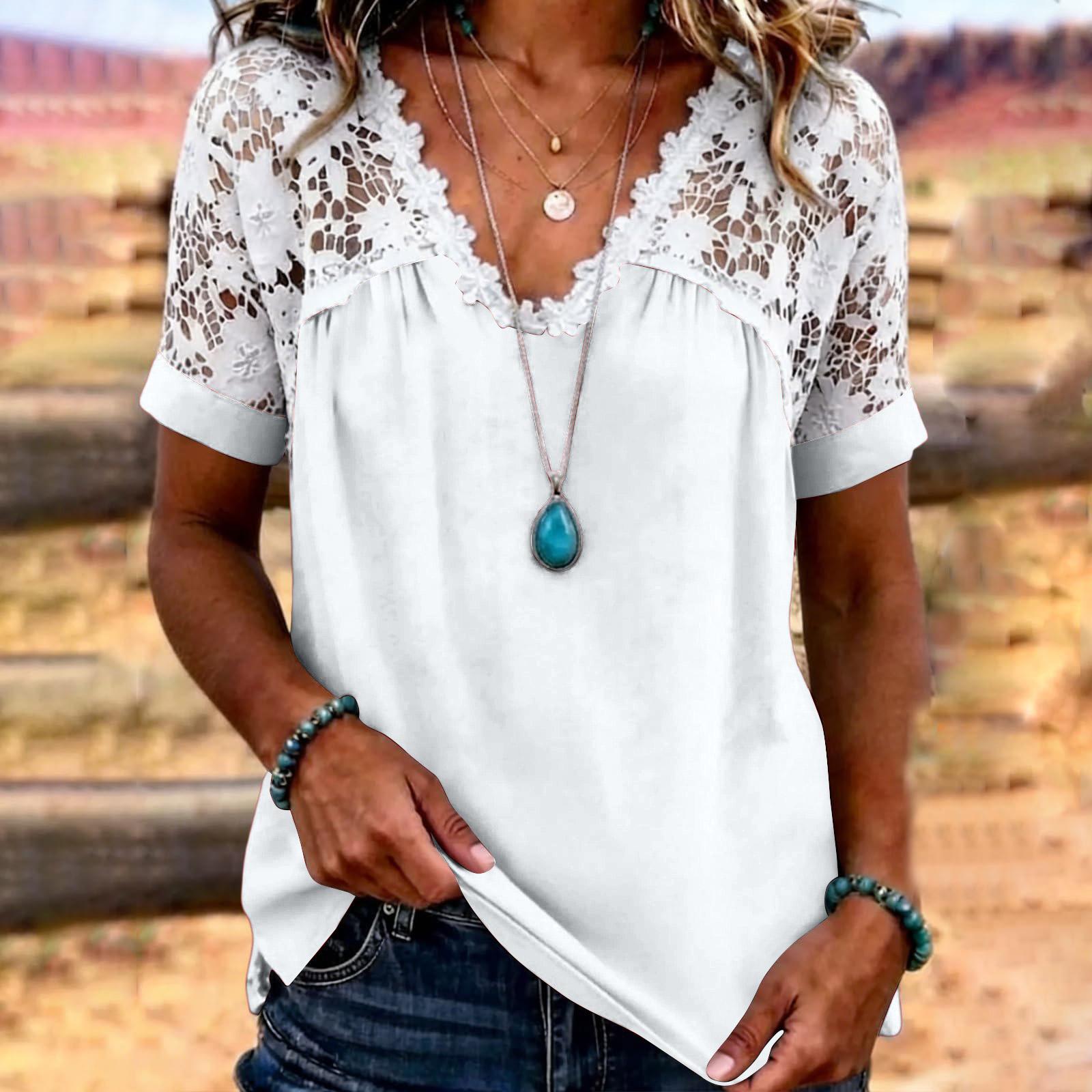 

Ladies Casual And Fashionable Short Sleeved Lace Patchwork Top XL білий