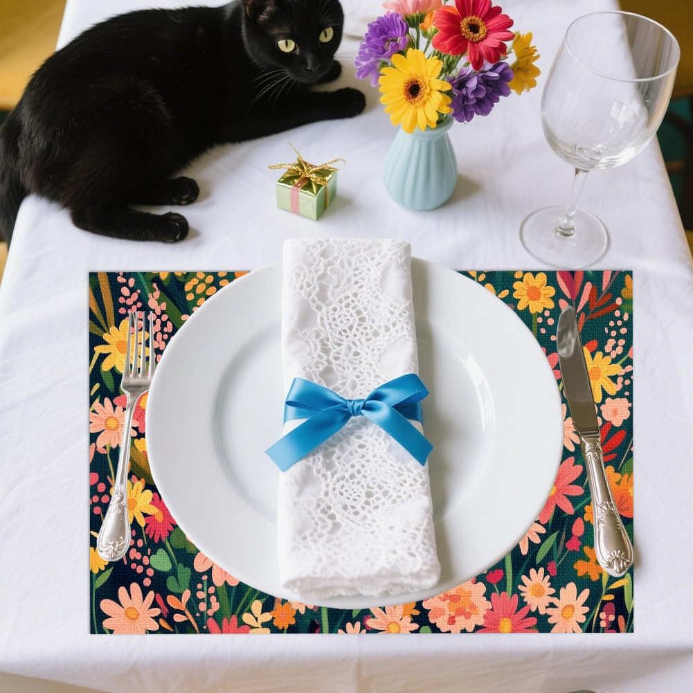 WADORN Flowers Cat Placemats Set of 6, Black Cat Wildflowers Cloth Table Place Mats 11.8x17.7 Inch Non-Slip Linen Washable Table Mats Heat Resistant