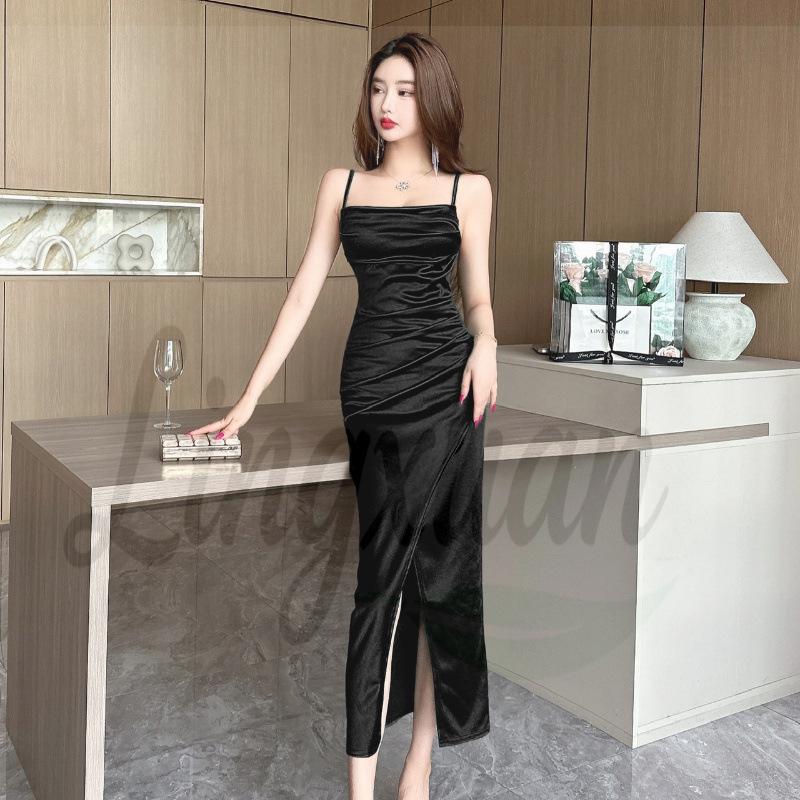 Elegant Satin Long Evening Dress: Socialite Style, Camisole Inner, Waist-Cinching, Slit, Hip-Hugging Skirt