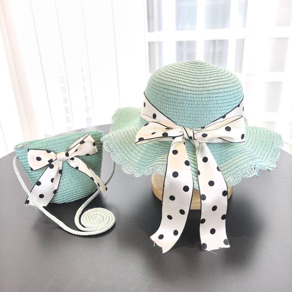 Girls' Korean Style Straw Beach Sun Hat with Sunscreen and Matching Bag