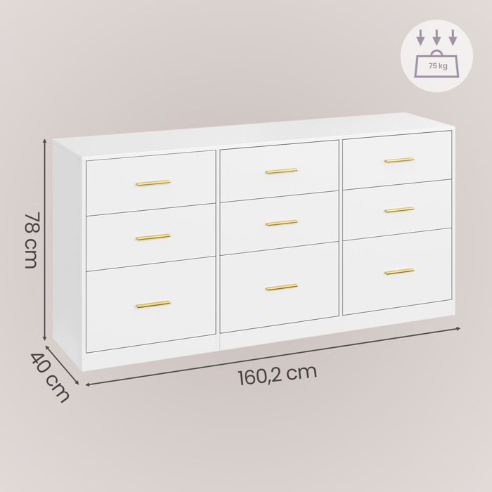 Cómoda de Dormitorio con Cajones, Mueble de Almacenamiento Moderno, Cómoda para Dormitorio o Sala de Estar, 9 Cajones, 40 x 160,2 x 78 cm, Blanco
