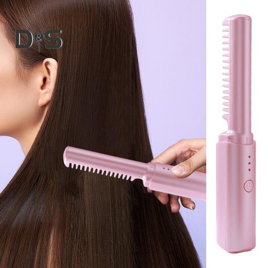 Tragbarer kabelloser Haarglätterkamm, 3 Temperatureinstellungen, wiederaufladbar, schnelles Aufheizen, Frauen, glattes, lockiges Haar, Mini-elektrisches Haarstyling, heiß