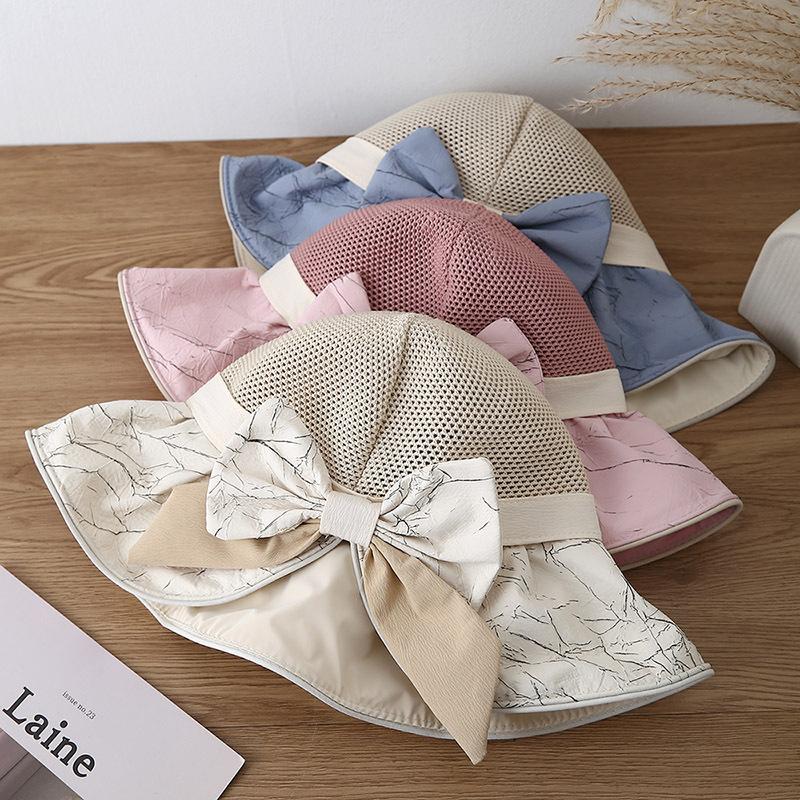 New Summer Women's UV Protection Seaside Breathable Sun Hat Bow Mesh Big Eaves Bucket Hat Sun Hat