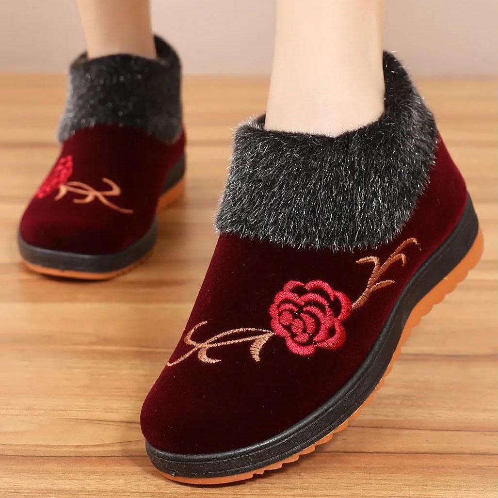 

Женские зимние хлопковые туфли на плоской подошве, женские хлопковые туфли большого размера на утолщенной плюшевой подошве с противоскользящей вышивкой 38 красный