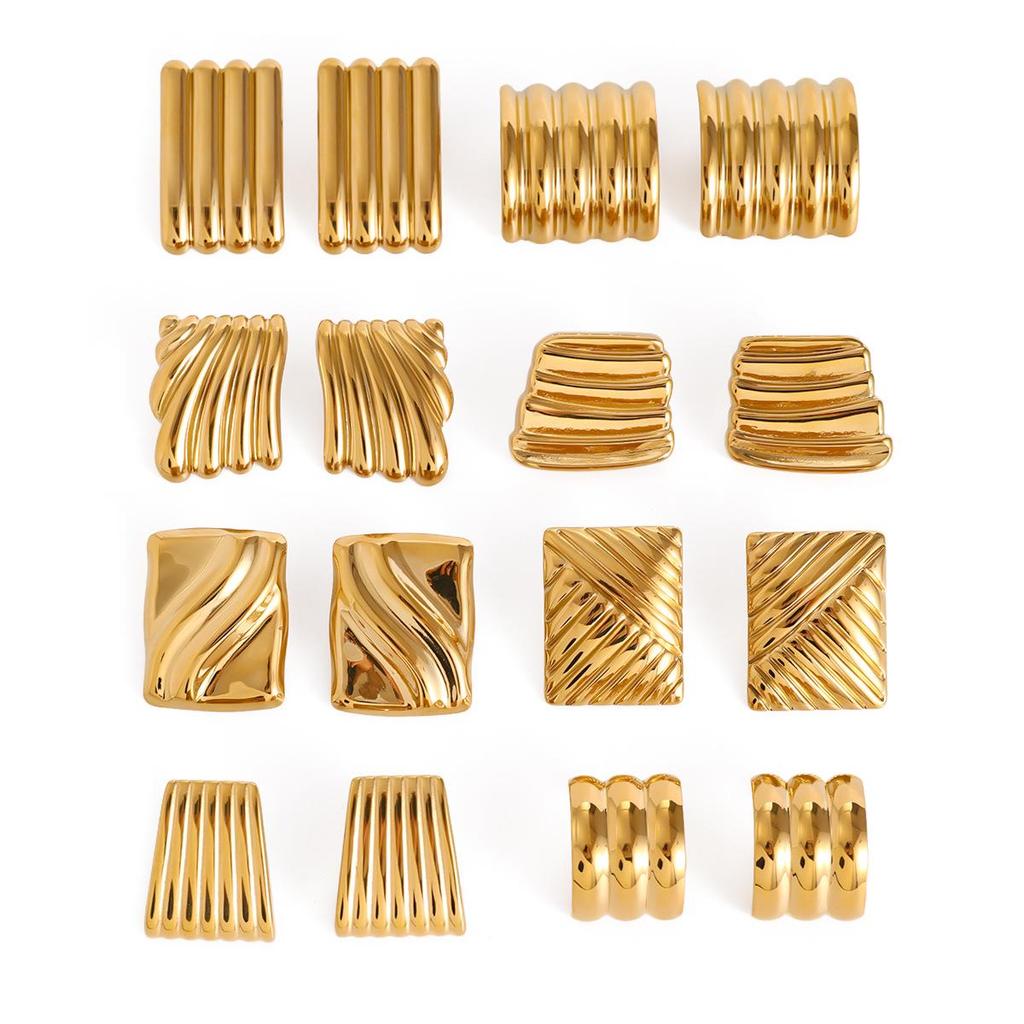 Chic Stainless Steel 18K Gold Wave Pattern Earrings - Light Luxury Geometric Studs