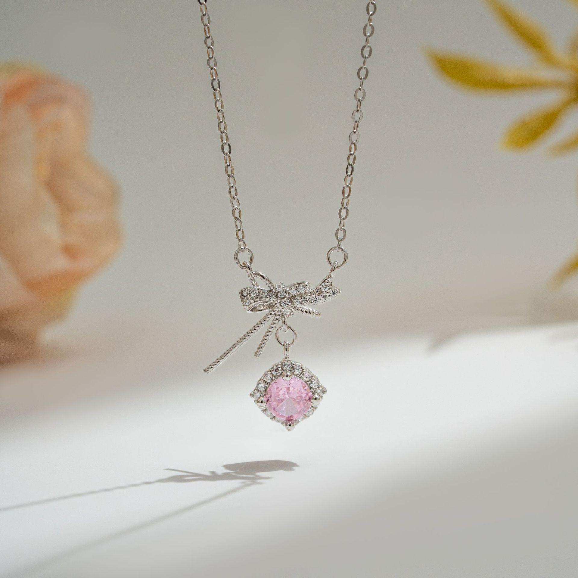 

S925 Sterling Silver Zirconia Bow Necklace, Sweet Fairy Style Gift for Women.