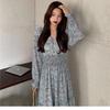 New Spring/Autumn Long Sleeve Waist Slimming High Waist Display High-Waisted Floral Chiffon Dress Long Dress