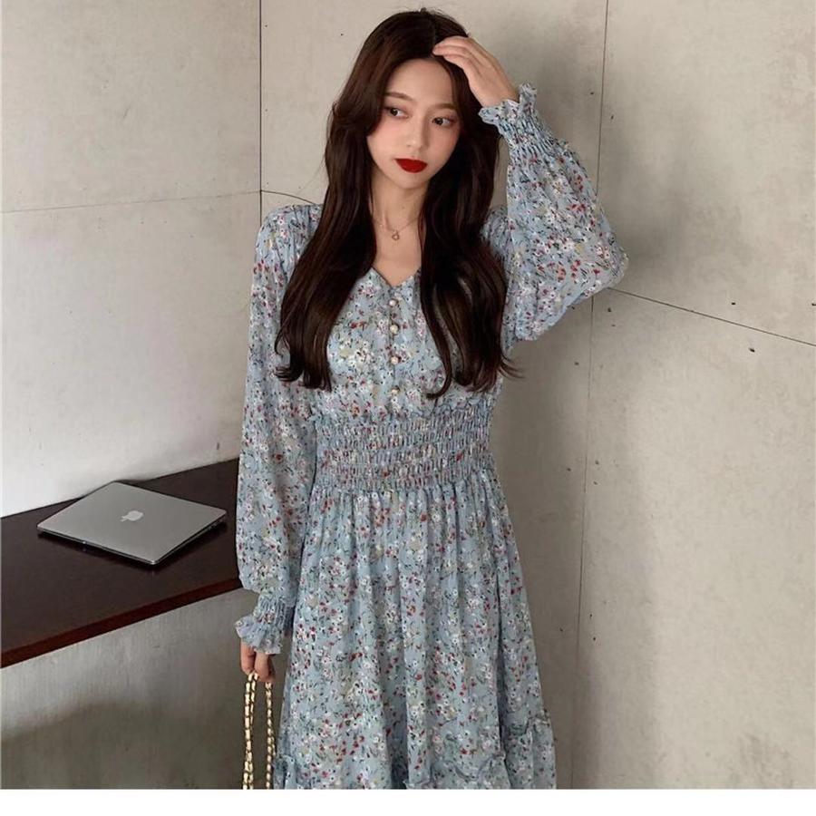 New Spring/Autumn Long Sleeve Waist Slimming High Waist Display High-Waisted Floral Chiffon Dress Long Dress