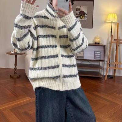 Retro Lazy Loose Striped Sweater Jacket Women's Autumn and Winter New Versatile Stand-up Neck Zipper Knitted Cardigan Tide
