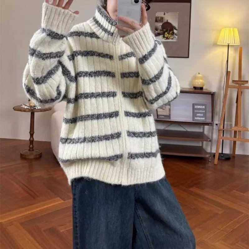 Retro lazy loose striped sweater jacket women's autumn and winter new versatile stand-up neck zipper knitted cardigan tide