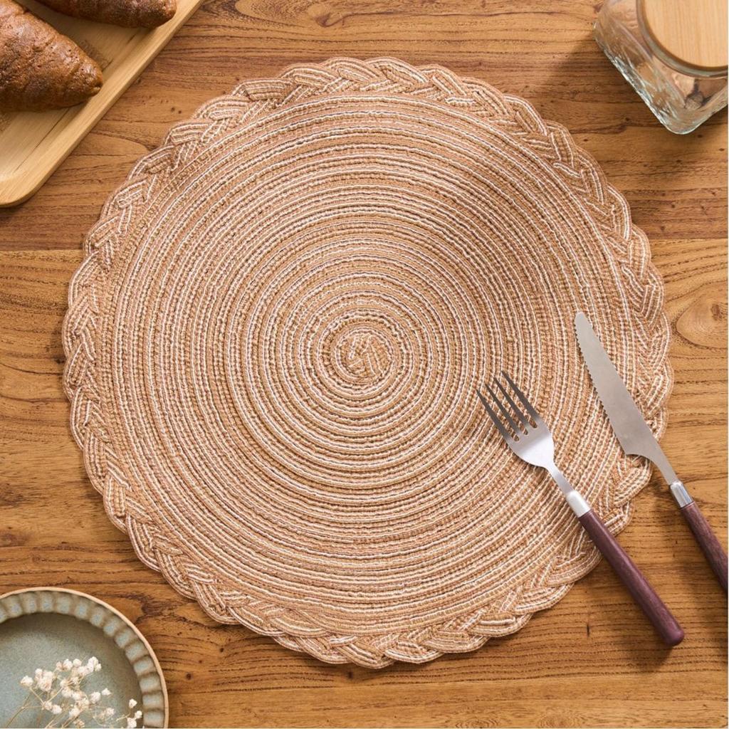 11.8 Inch Placemats,Round Braided Placemats Set of 4,Non Slip Washable Heat Resistant Cotton Polyester Circle Place Mats for Kitchen Dinner Party