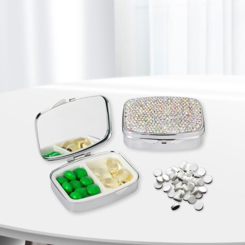 Portable Travel Pills Box with Crystal Diamonds Design 2 Compartment Medicine Container Pills Case for Vitamins and Pills