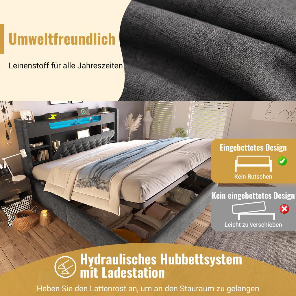 Upholstered Bed 90x200cm with Hydraulic Box & LED Lighting, Frame with USB/Type-C Charging Function, Linen Fabric, Grey (Without Mattress)