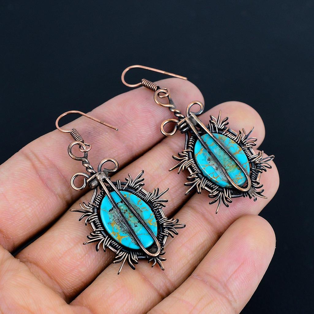 Blue Copper Turquoise Handmade Gemstone Earrings, 999 Copper Wire Wrapped Earrings Antique Jewelry, For Engagement Gift