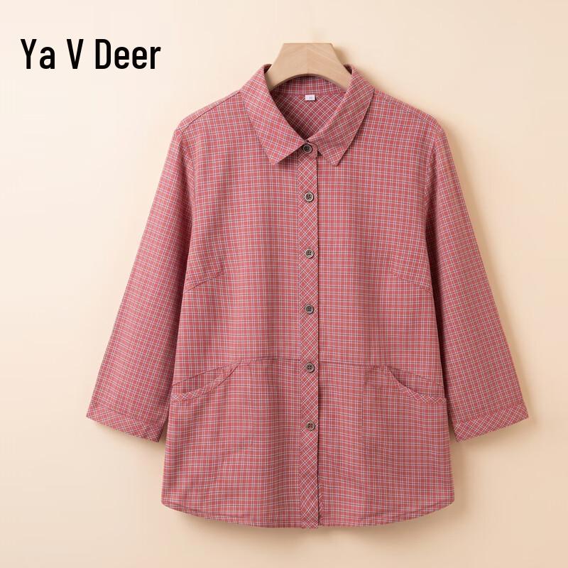 Yalu Women s Plaid Seven-Sleeve Cotton Shirt 2XL