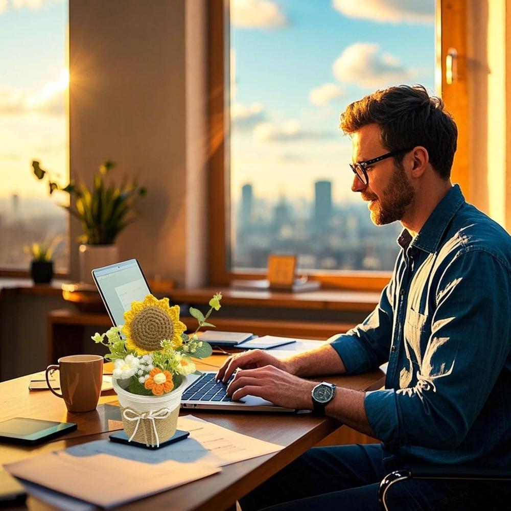 Knitting Crochet Rose Flowers Potted Plants, Mini Cute Home Desktop Decorations and Gifts for Friends, Classmates, Teacher - Christmas, Birthday Gift