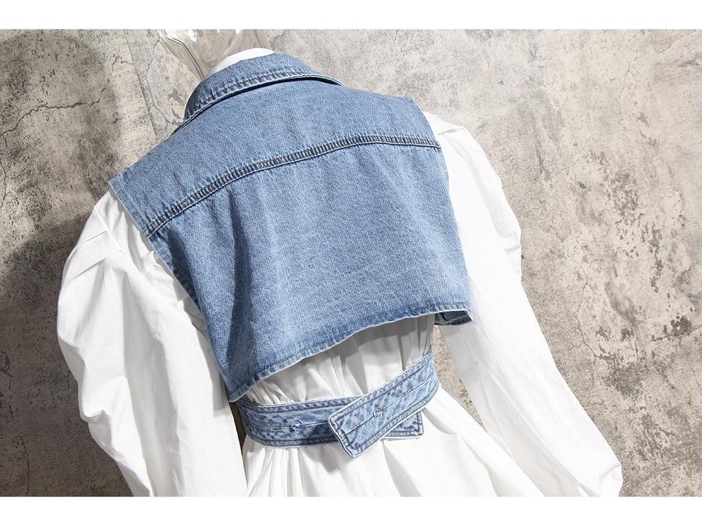 2024 Women's Two-Piece Fashion Set: Irregular Denim Vest with Puff Sleeve Shirt
