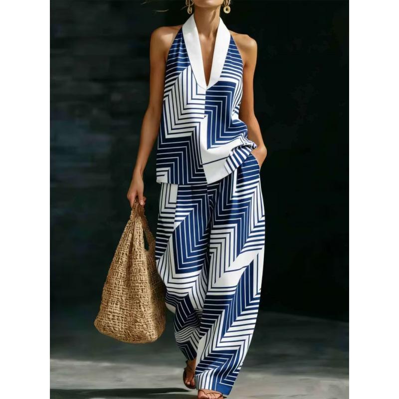1116 Summer Cool Neck Suit Women's Temperament V-Neck Off-Shoulder Top + High Waist Wide Leg Pants Two-piece Set