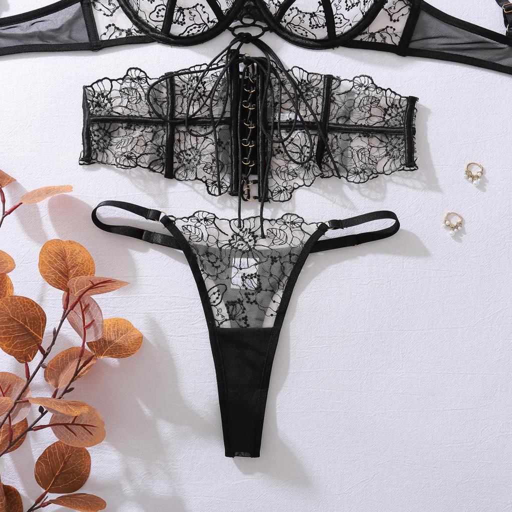 Women Sexy Lingerie Set Lace Embroidery Patchwork Lingerie Set Lace-Up Decor Body Shaping Lingerie