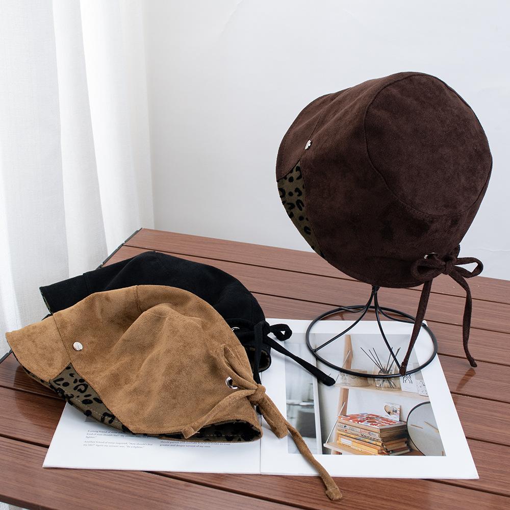 Retro leopard print suede splicing bucket hat women's autumn versatile face small hat fashion casual basin hat