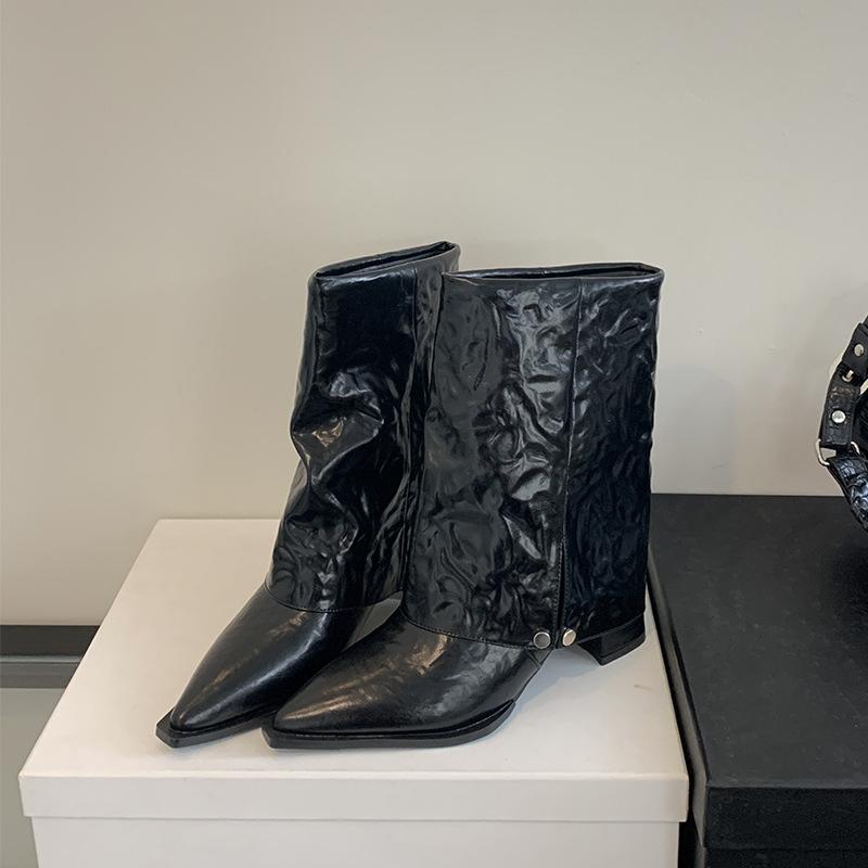 Miting spitz zulaufende kurze Stiefel Damen 2025 Herbst und Winter dicker Absatz mittlerer Absatz nackte Stiefel Retro-Stiefel Martin-Stiefel Damen Western-Cowboystiefel