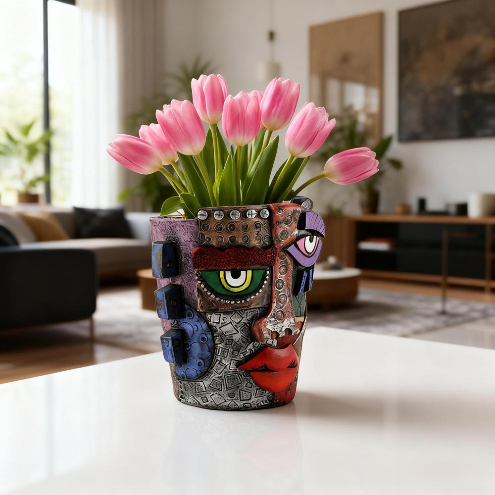 Mayan Abstract Colorful Resin Flower Pot for Garden & Living Room Décor, Green Plant Succulents & Bonsai Display