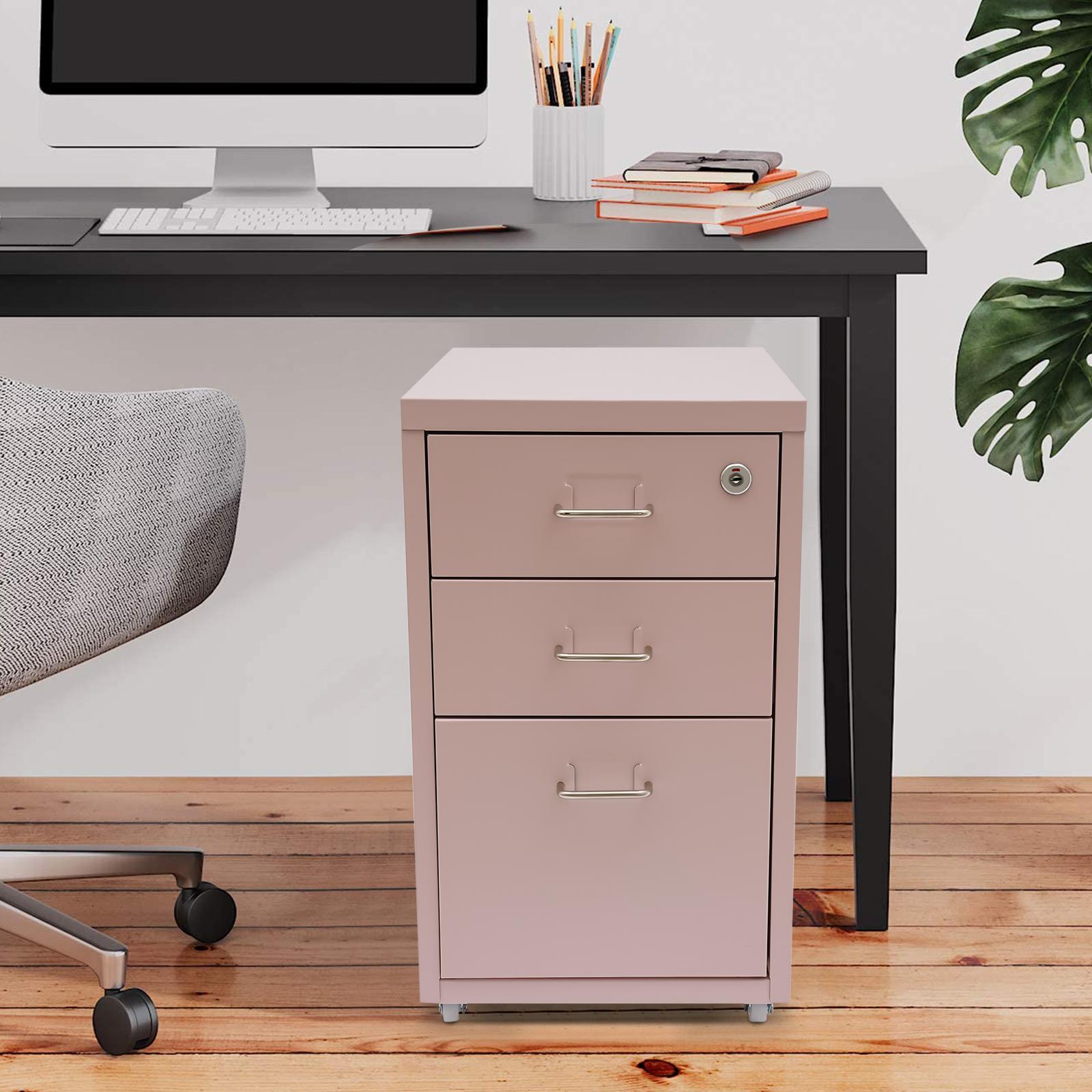 Pink 3-Tier Metal File Cabinet with Wheels - Rolling Storage Cabinet for Office & Home - Locking File Organizer with 3 Drawers розовый