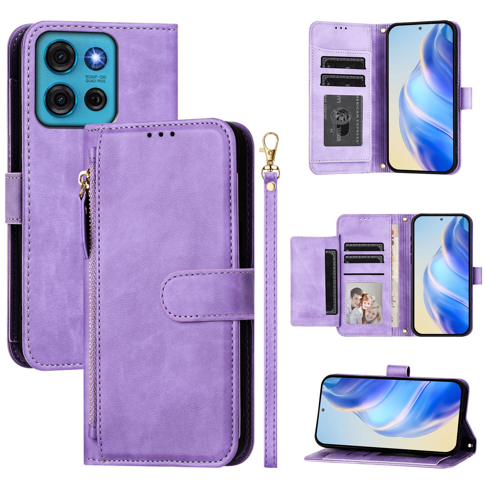 

For Motorola Moto G75 5G Case Zipper Pocket Multiple Card Slots Leather Phone Cover Purple