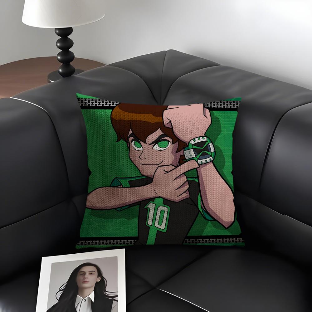 Cartoon B-Ben 10 Cool Cushion Cover Natural Linen Organic Fabric Double-Sided Printing Sofa Home Decor Gift Pillow Case