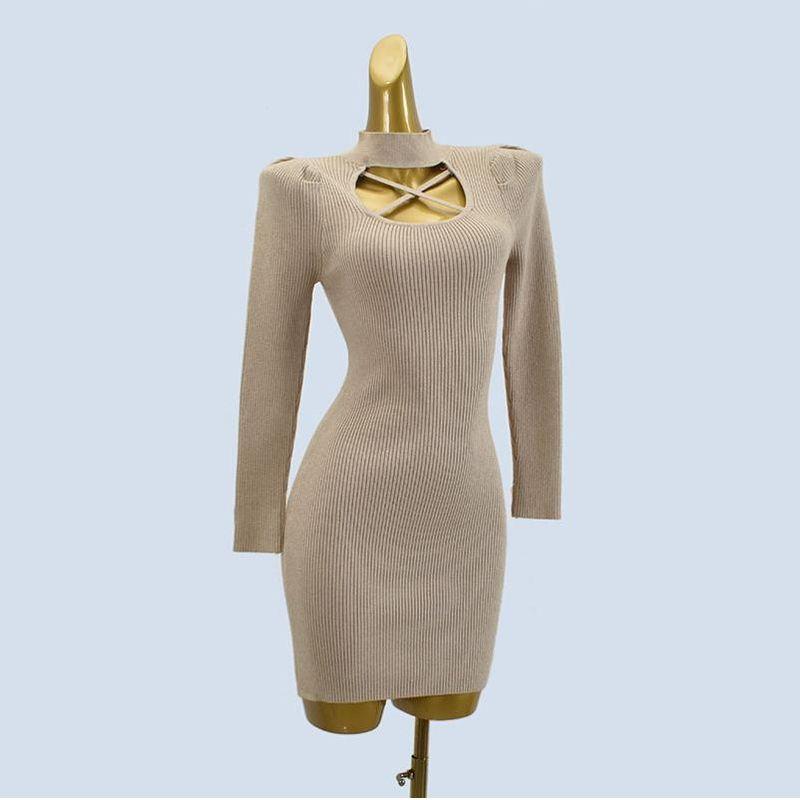 Match with Coat Half Turtleneck Puff Sleeves Halterneck Cross Silm Long Sleeves Sheath Mid-Length Pure Color Dress Bottoming Skirt