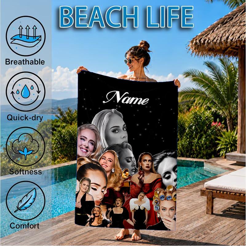 Custom Name Beach Towel Adele's Artwork Microfiber Beach Towel, Lightweight for Summer Travel, Swimming Pool Fan Birthday Gift