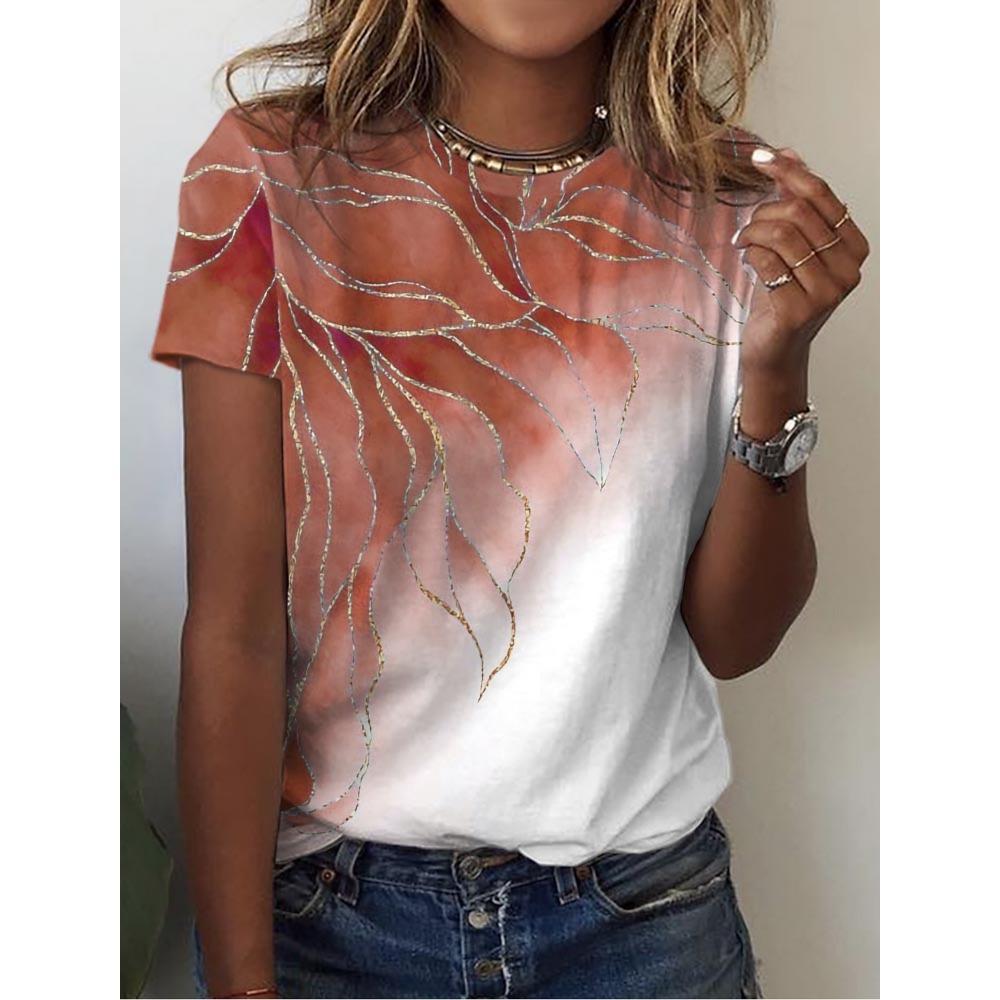 Letni damski top z krótkim rękawem z nadrukiem 3D w kwiatowy wzór z gradientem, modny T-shirt z dekoltem O, kwiatowa tekstura