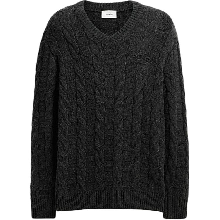

Coach FW24 Solid Color Cable Knit V-Neck Long Sleeve Sweater Men sweater Black CT741-BLK XL