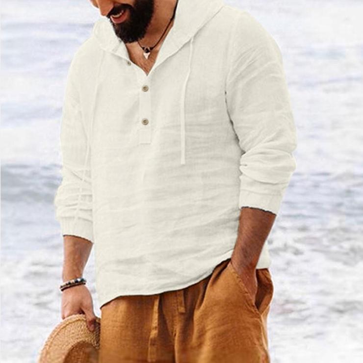 Camisas de hombre con capucha Color sólido Tops de manga larga Botones casuales Algodón Lino Vintage Verano Playa Camisas